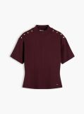 Red Gold-Tone Button Mock Neck T-Shirt  Women