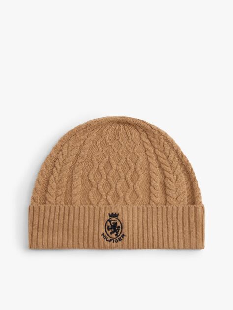 Brown TH Crest Cable Knit Beanie  Men