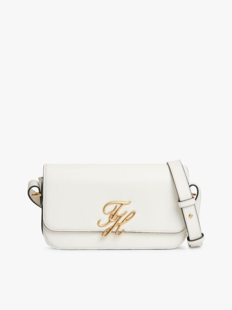 White Leather Flap Logo Plaque Crossbody Bag  Women
