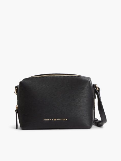 Black Modern Metallic Logo Textured Camera Bag  Women
