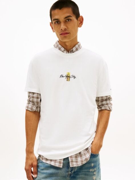 White Signature Logo Embroidery Crew Neck T-Shirt  Men