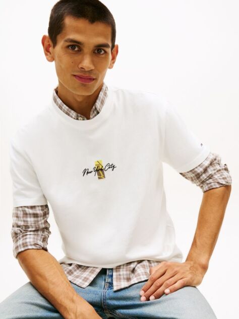 White Signature Logo Embroidery Crew Neck T-Shirt  Men
