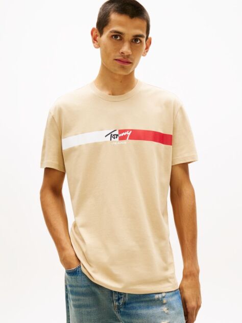 Μπεζ Βαμβακερό T-Shirt Με Signature Λογότυπο  Άνδρες