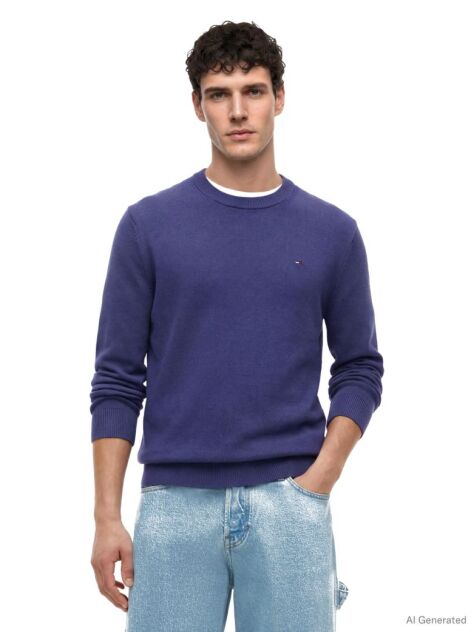 Blue Tommy Flag Slim Crew Neck Jumper  Men