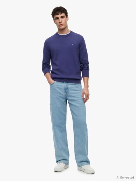 Blue Tommy Flag Slim Crew Neck Jumper  Men