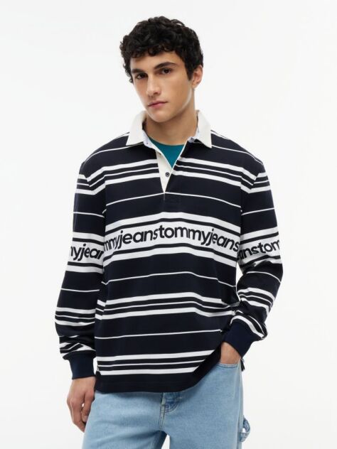 Blue Relaxed Fit Logo Stripe Rugby Shirt  Men