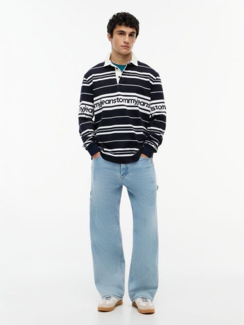Blue Relaxed Fit Logo Stripe Rugby Shirt  Men