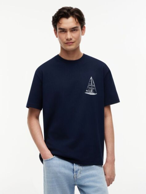 Μπλε T-Shirt Σε Άνετη Γραμμή Με Σχέδιο Στην Πλάτη  Άνδρες