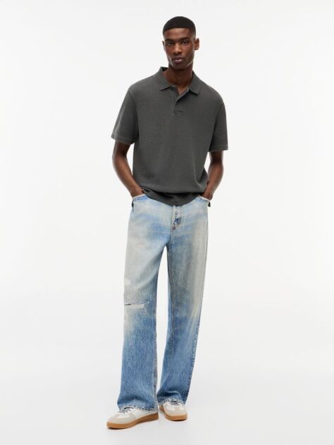 Black Regular Fit Washed Waffle Knit Polo Shirt  Men