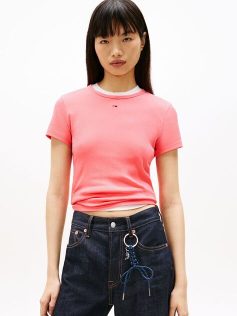 Ροζ Essential Ριμπ T-Shirt Σε Slim Γραμμή  Γυναίκες
