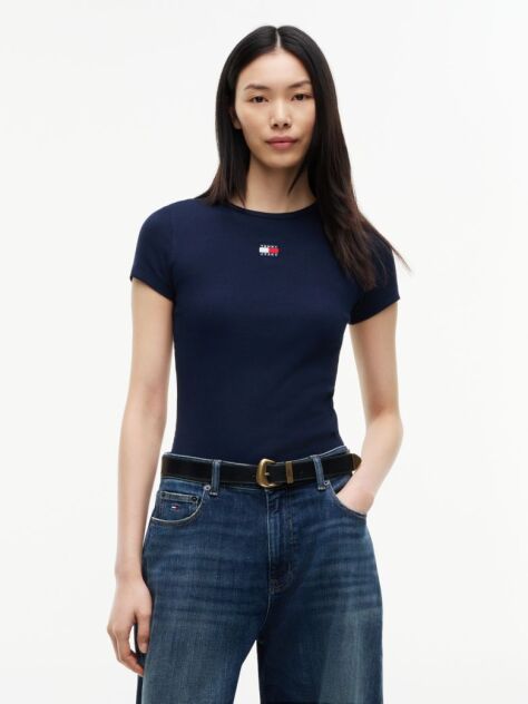 Μπλε Κοντομάνικο T-Shirt Ριμπ Σε Slim Γραμμή  Γυναίκες