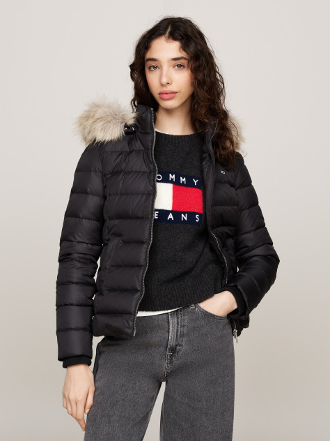 Black Faux Faur Hooded Down-Filled Fitted Jacket  Women
