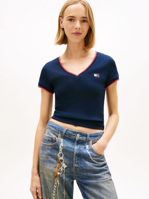 Μπλε Slim T-Shirt Με Χαμηλή Λαιμόκοψη V  Γυναίκες