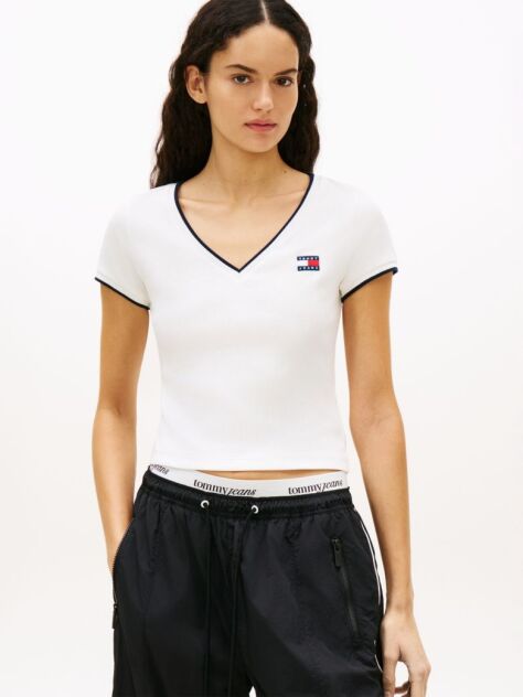 Άσπρο Slim T-Shirt Με Χαμηλή Λαιμόκοψη V  Γυναίκες