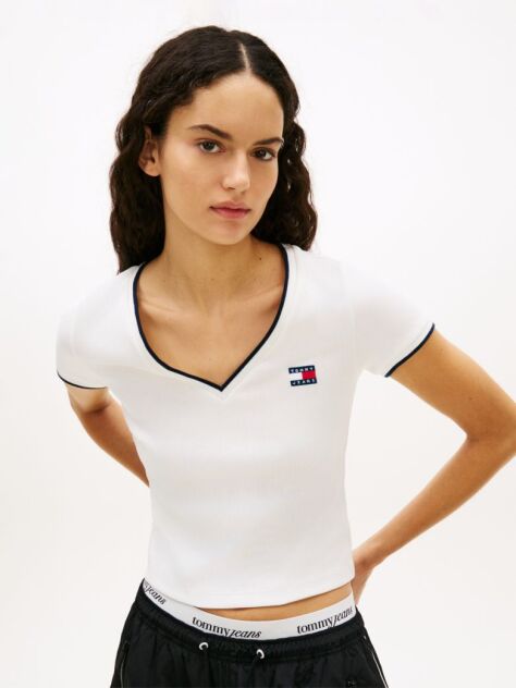 Άσπρο Slim T-Shirt Με Χαμηλή Λαιμόκοψη V  Γυναίκες