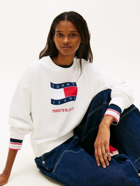 White Wavy Flag Sueded Terry Boxy Sweatshirt  Women