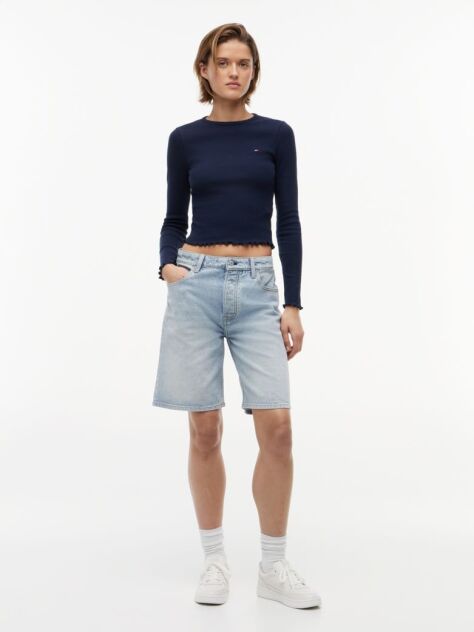 Blue Ribbed Ruffle Slim Long Sleeve T-Shirt  Women