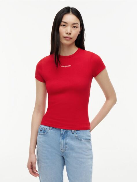 Κόκκινο T-Shirt Ribbed Με Λογότυπο Σε Στενή Γραμμή  Γυναίκες