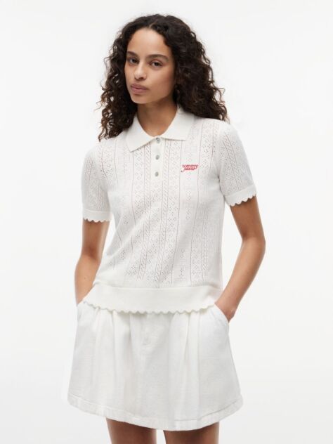White Pointelle Flag Short Sleeve Polo Jumper  Women