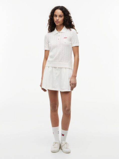 White Pointelle Flag Short Sleeve Polo Jumper  Women