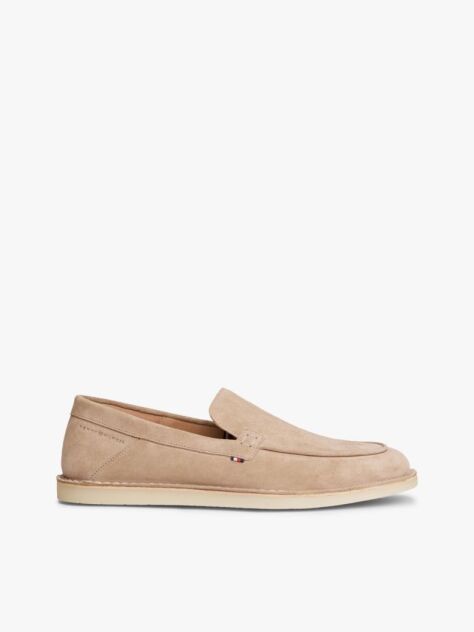 Beige Debossed Logo Topstitch Suede Loafers  Men