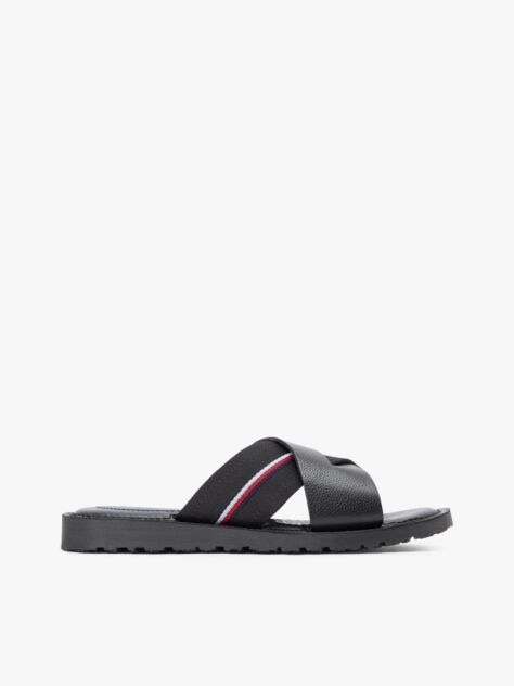Black Leather Crossover Strap Cleat Sandals  Men