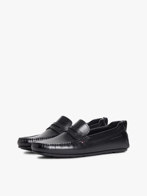 Black Leather Logo Penny Strap Driver Shoes  Men