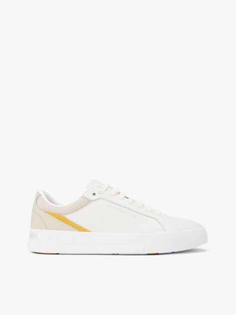 White Contrast Panel Leather Court Trainers  Men