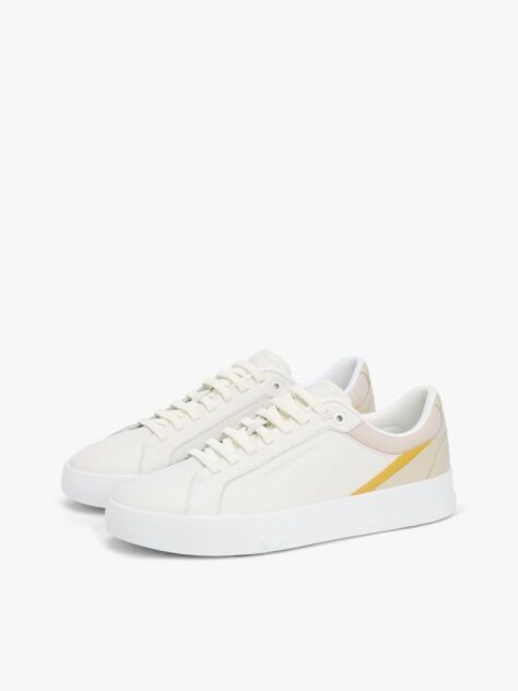 White Contrast Panel Leather Court Trainers  Men