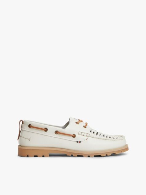 White Leather Braided Boat Shoes  Men