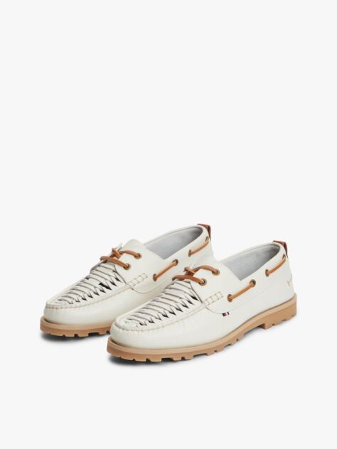 White Leather Braided Boat Shoes  Men