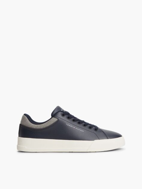 Blue Mixed Texture Court Sneakers With Leather  Men