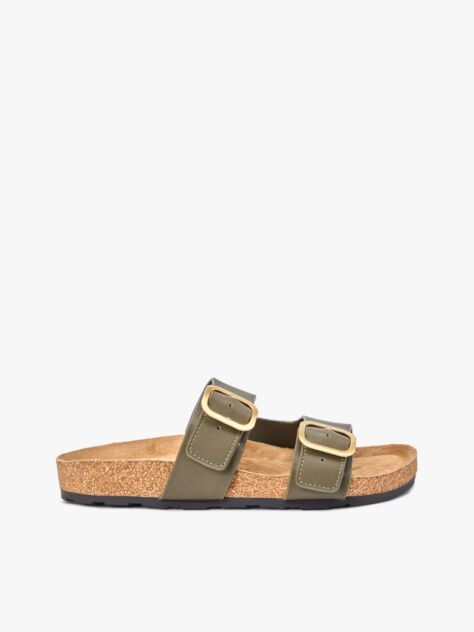 Green Leather Double Strap Cork Sandals  Women