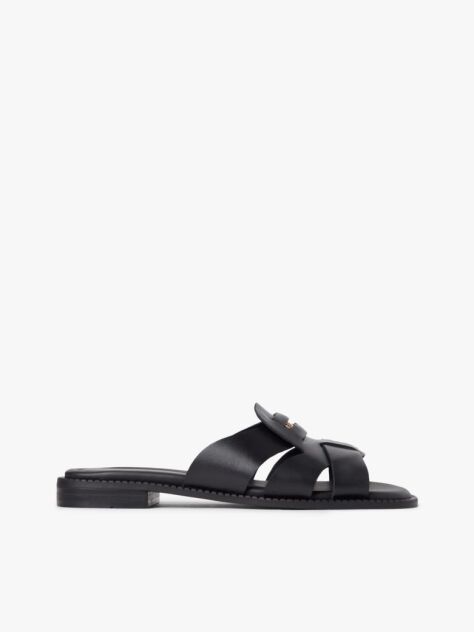 Black Leather Crest Square Toe Sandals  Women