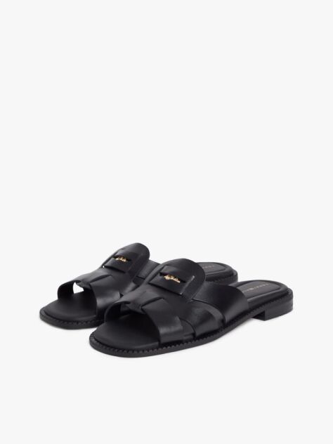 Black Leather Crest Square Toe Sandals  Women