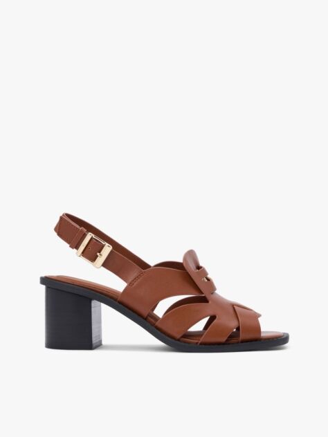 Brown Leather Crest Block Heel Sandals  Women