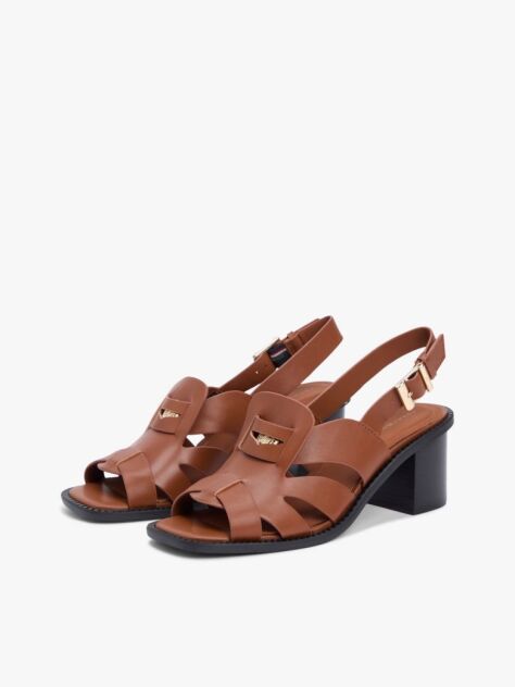 Brown Leather Crest Block Heel Sandals  Women