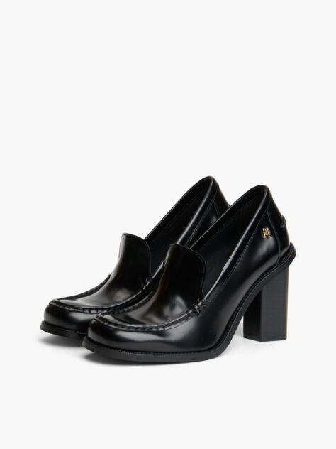 Black Block Heel Leather Loafers  Women