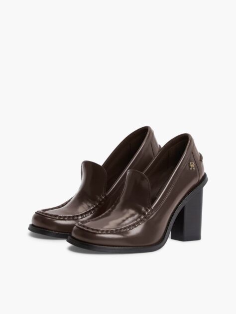 Brown Block Heel Leather Loafers  Women