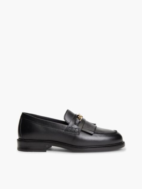 Black Leather Chain Horsebit Fringe Loafers  Women