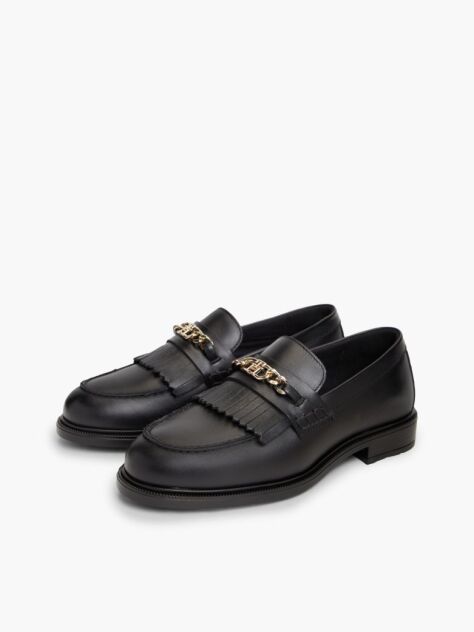 Black Leather Chain Horsebit Fringe Loafers  Women