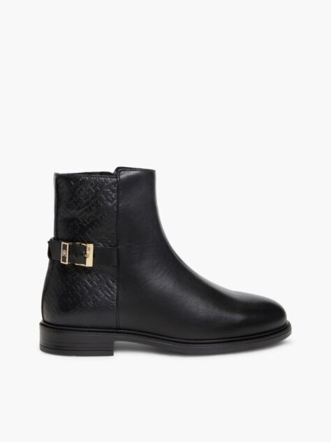 Black TH Monogram Embossed Leather Ankle Boots  Women