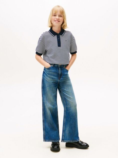 Blue Logo Embroidery Vintage Wash Faded Jeans  Girls
