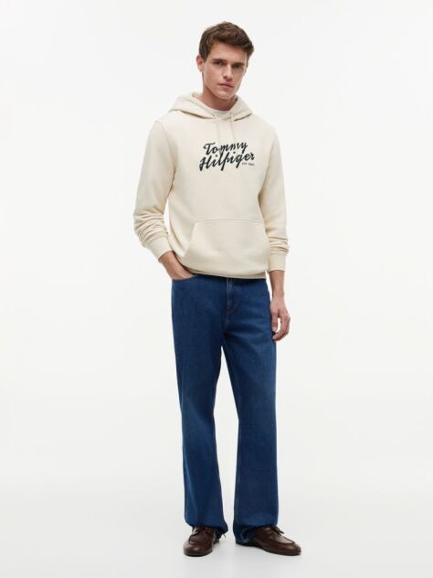 Beige Text Graphic Lightweight Drawstring Hoody  Men