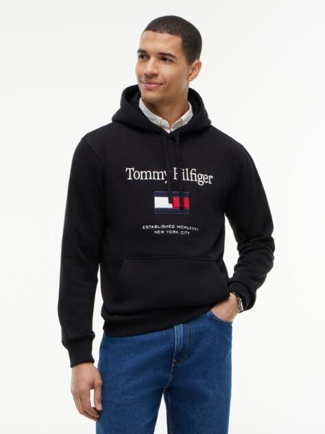 Black Logo Embroidery Flex Fleece Hoody  Men