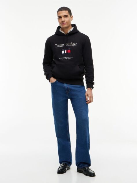 Black Logo Embroidery Flex Fleece Hoody  Men