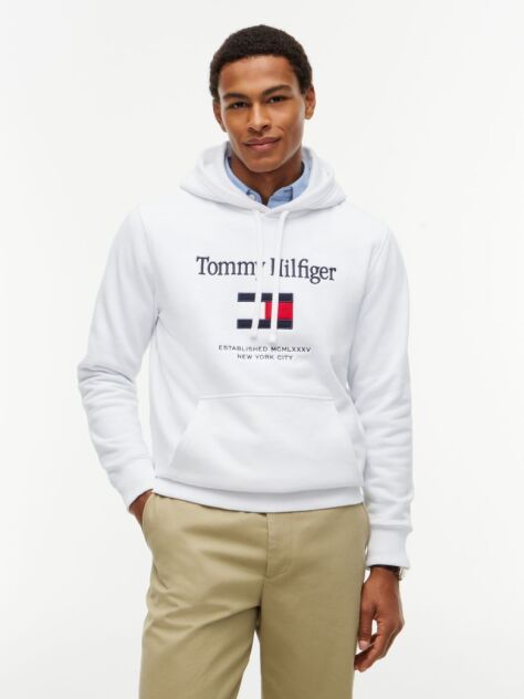 White Logo Embroidery Flex Fleece Hoody  Men