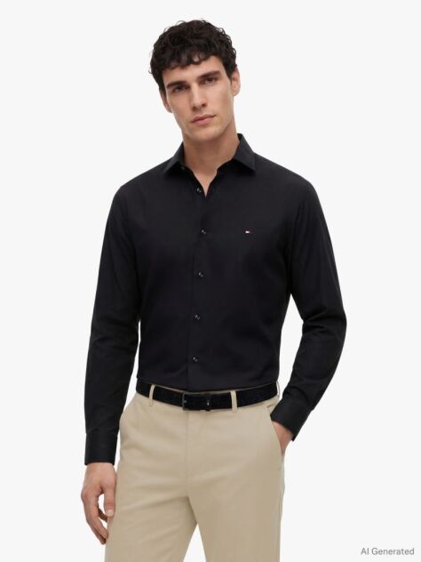 Black Slim Fit Flag Embroidery Shirt  Men