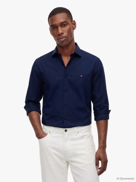 Blue Slim Fit Flag Embroidery Shirt  Men