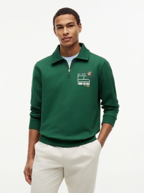 Green Graphic Quarter-Zip Rugby Sweatshirt  Men